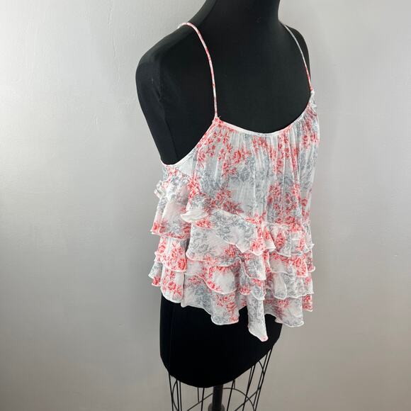 FREE PEOPLE Coral & Ivory Floral Flutter By Tank Ruffles Asymmetric Hem Silky XS - Picture 4 of 7